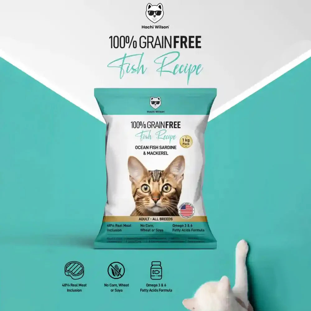 Hachi Wilson Grain Free Ocean Fish Sardine & Mackerel Dry Adult Cat Food (USA Formulated, USFDA Approved) - 1kg - Zigly