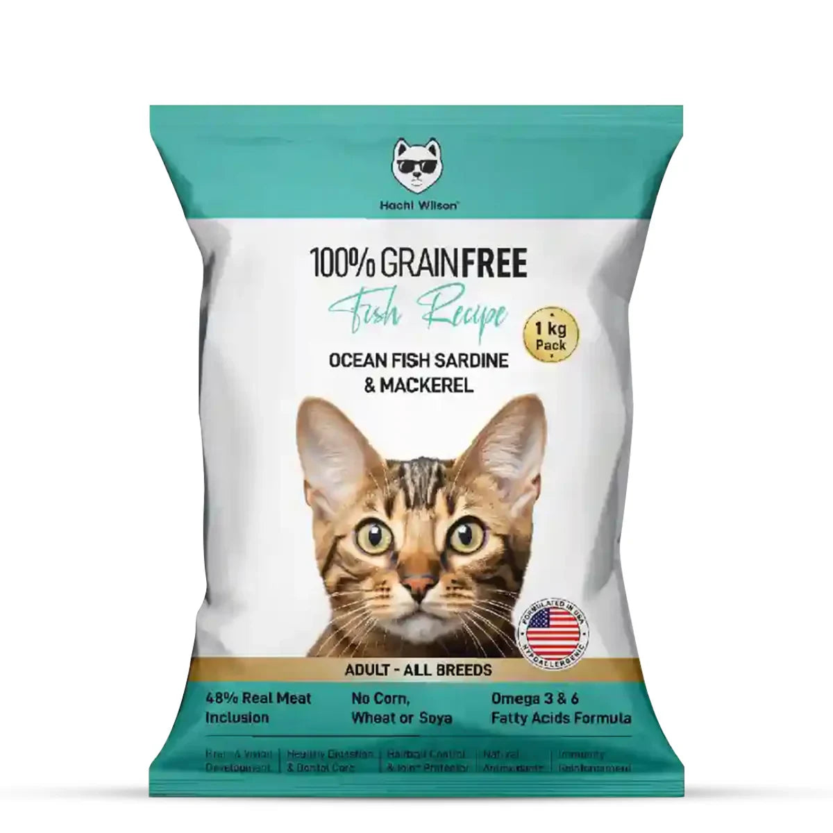 Hachi Wilson Grain Free Ocean Fish Sardine & Mackerel Dry Adult Cat Food (USA Formulated, USFDA Approved) - 1kg - Zigly