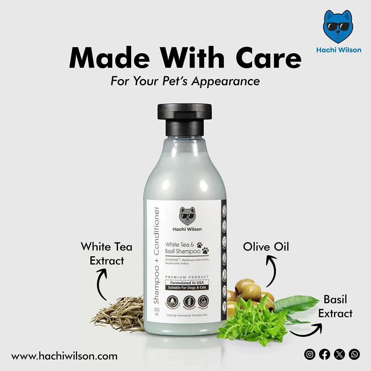 Hachi Wilson Premium White Tea & Basil Dog/Cat Shampoo (USA Formulated, USFDA Approved) - 300ml - Zigly