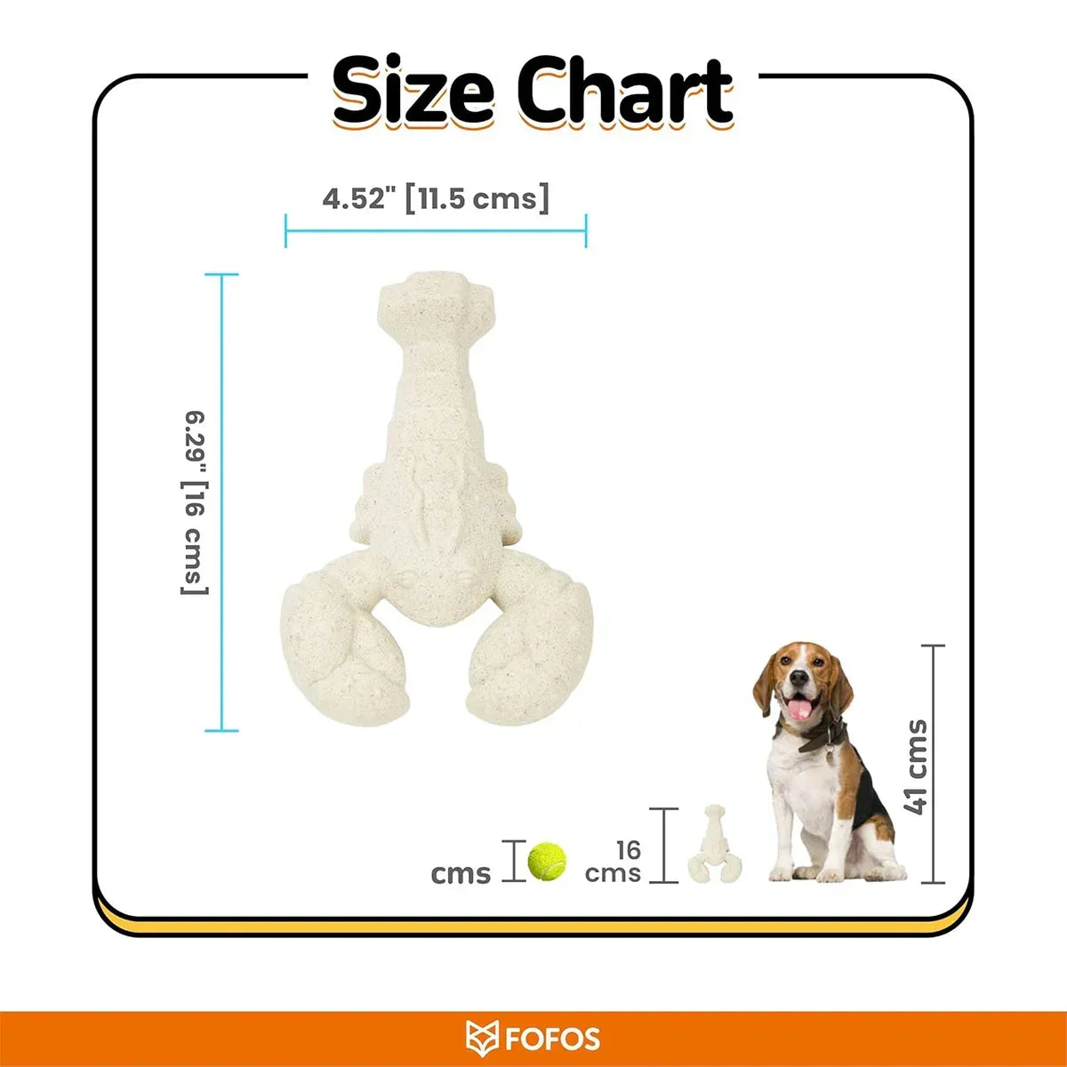 Zigly size chart showing dimensions of a white lobster-shaped dog chew toy next to a Beagle and tennis ball