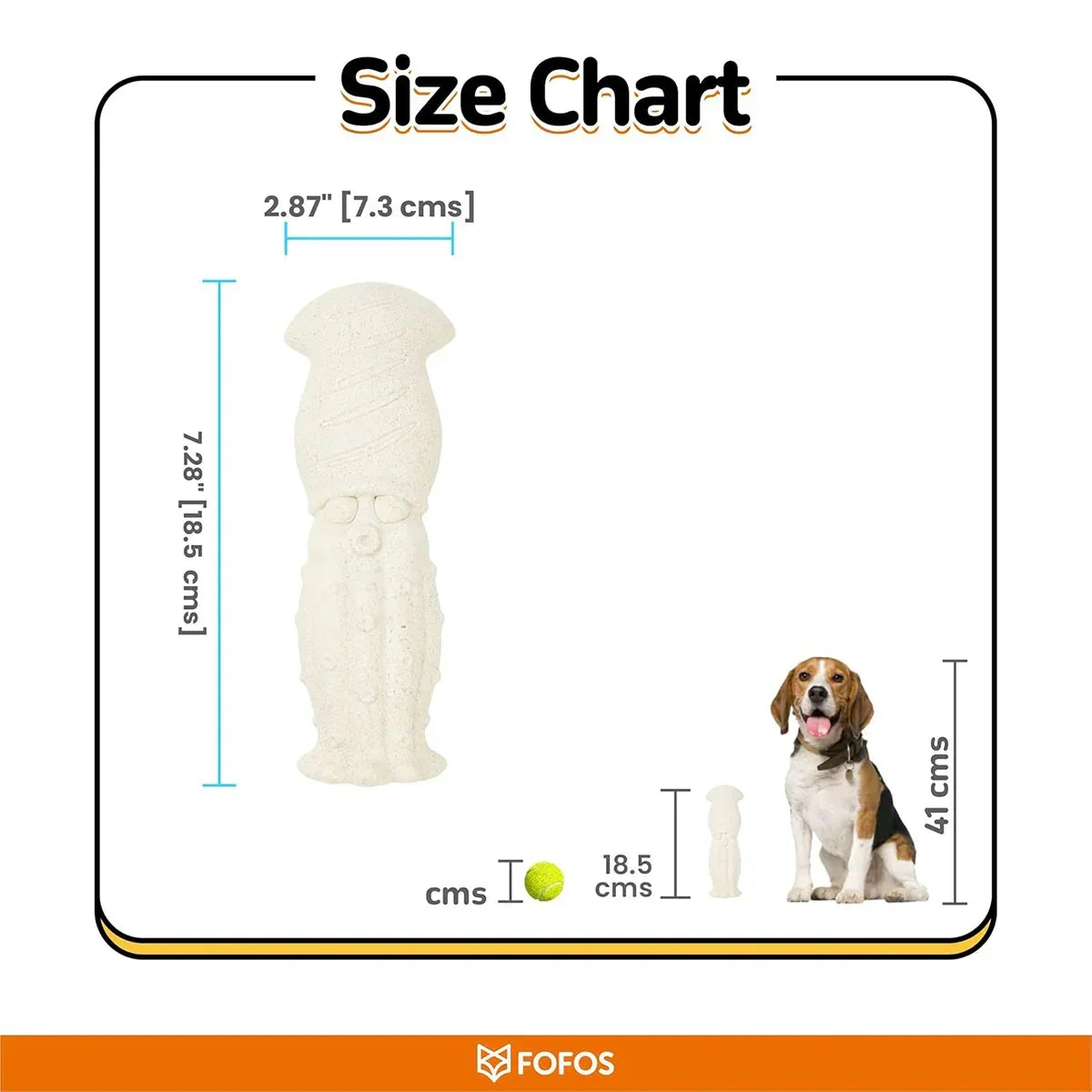 Zigly size chart showing textured dog chew toy dimensions 7.28 x 2.87 inches compared to tennis ball and beagle dog