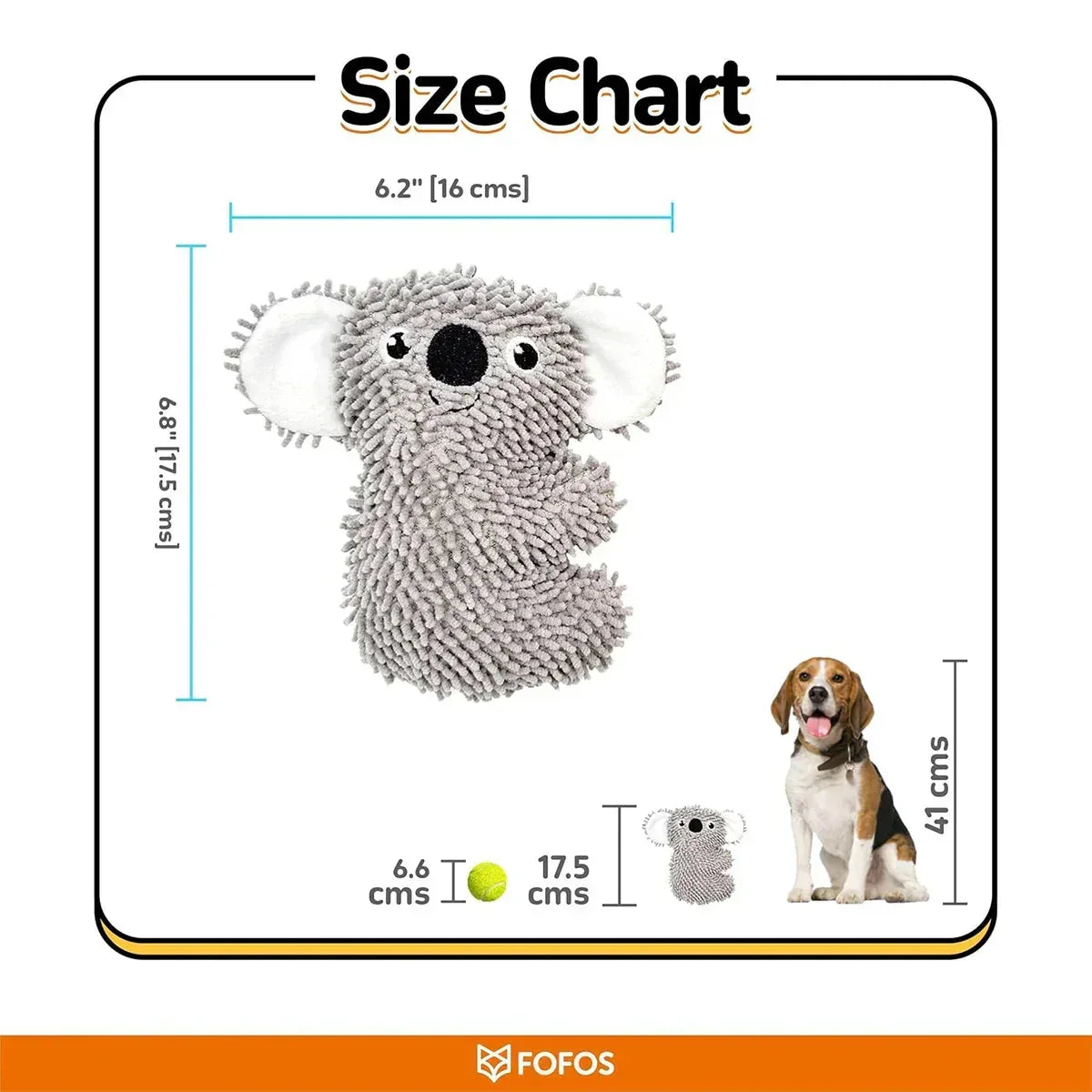 Zigly size chart showing a gray koala plush toy dimensions of 6.2x6.8 inches with a dog and tennis ball for scale