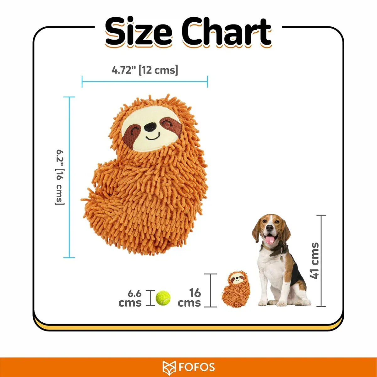 Zigly fluffy orange sloth plush toy with size chart next to dog and tennis ball for scale
