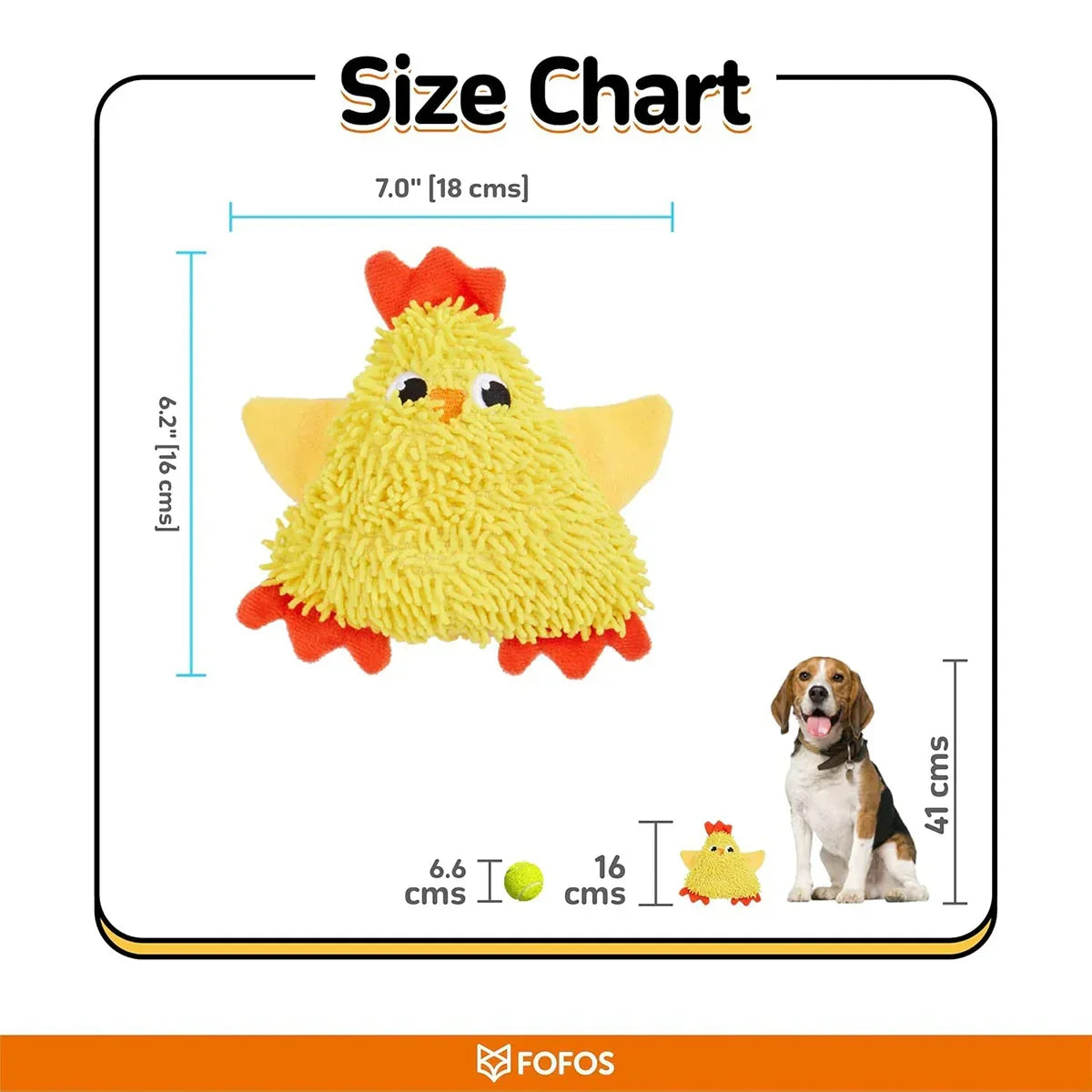 Zigly yellow plush chicken dog toy with size chart comparing toy, tennis ball, and dog height