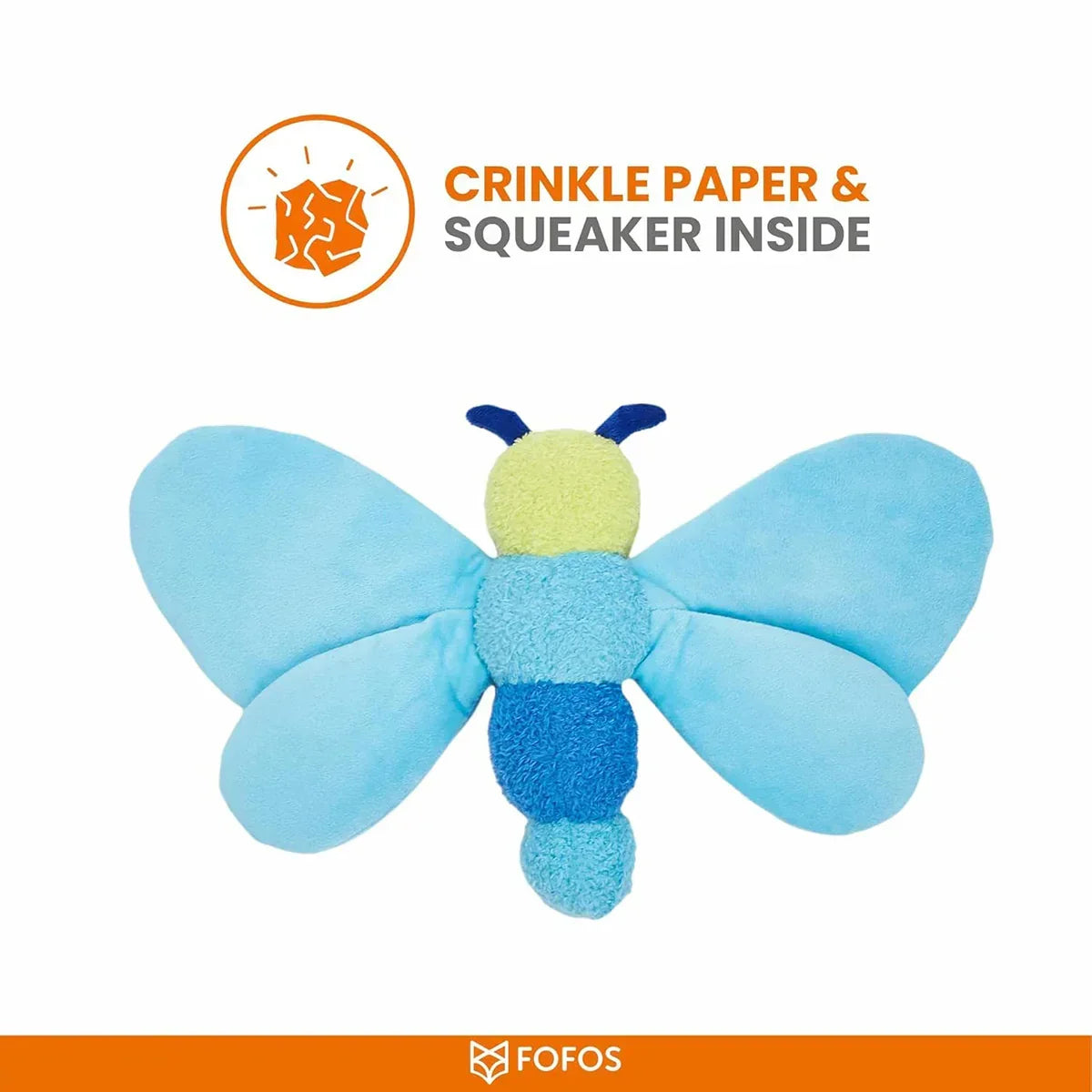 Zigly blue and yellow plush butterfly dog toy with crinkle paper and squeaker inside