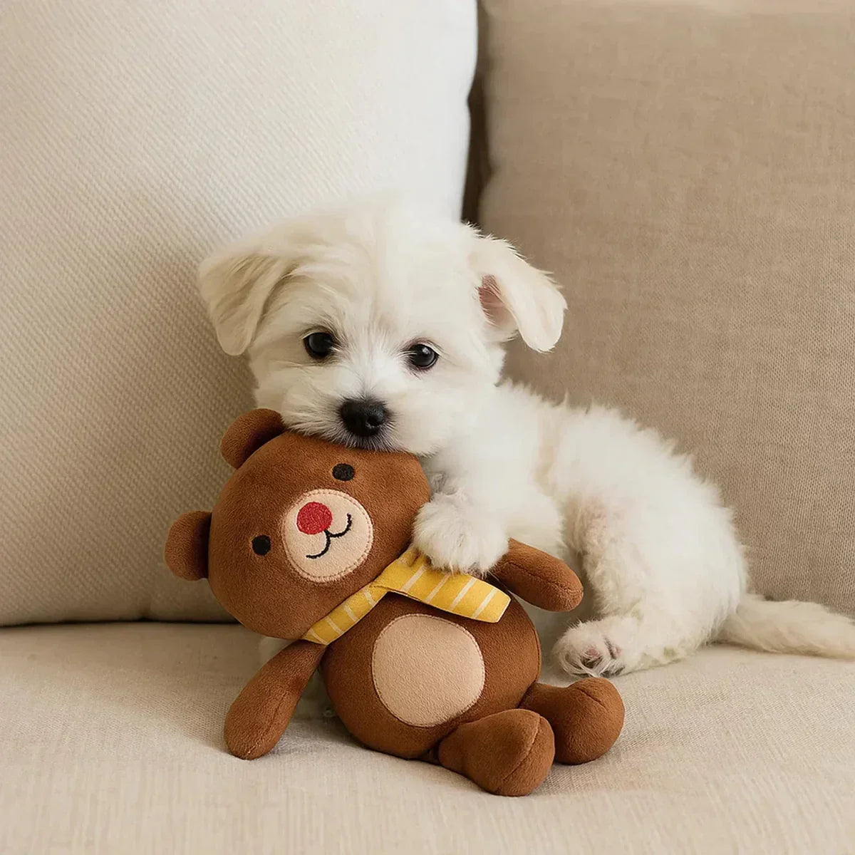 Zigly white puppy cuddling brown teddy bear with yellow scarf on beige sofa