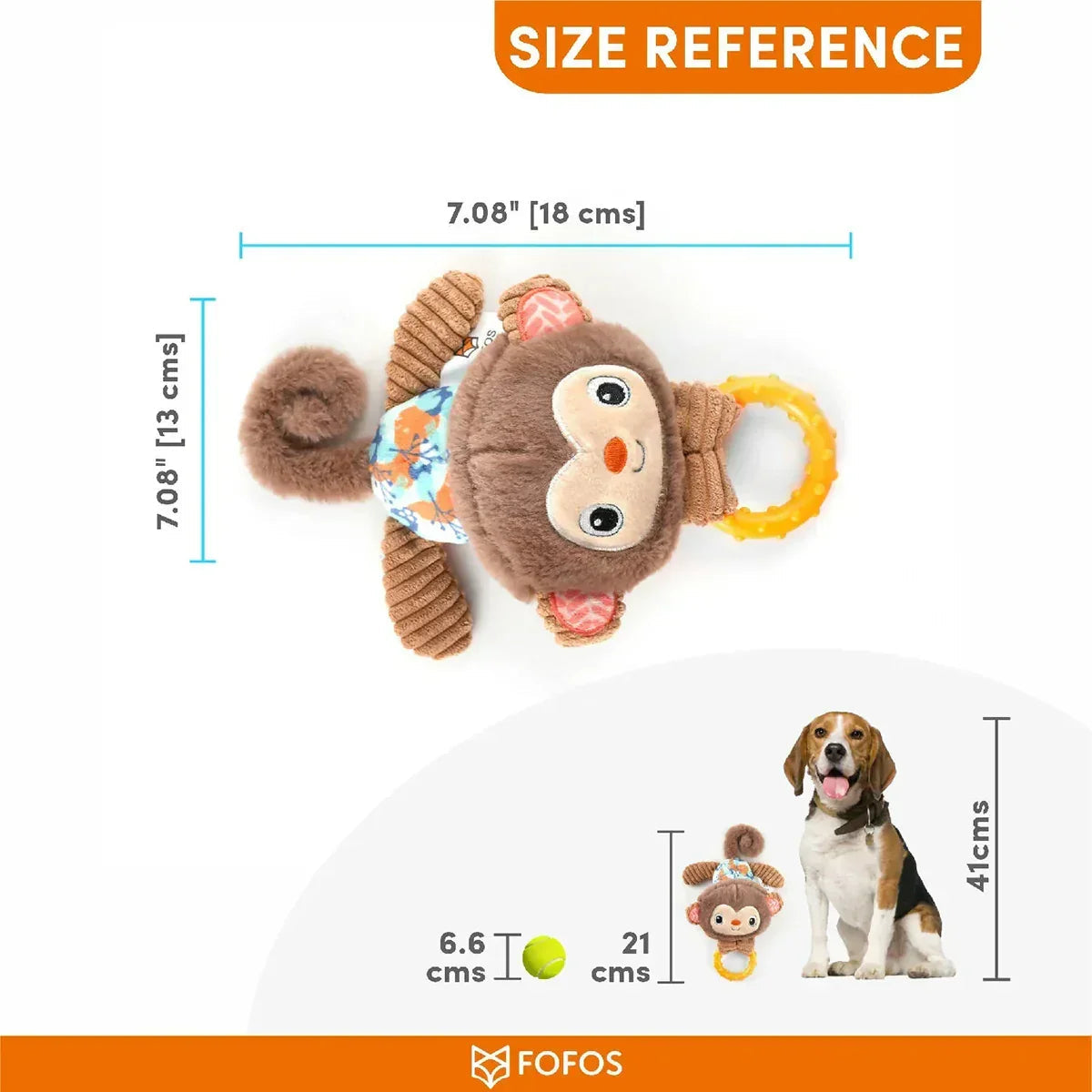 Zigly plush monkey dog toy with yellow ring, 7-inch size reference, next to a beagle and tennis ball