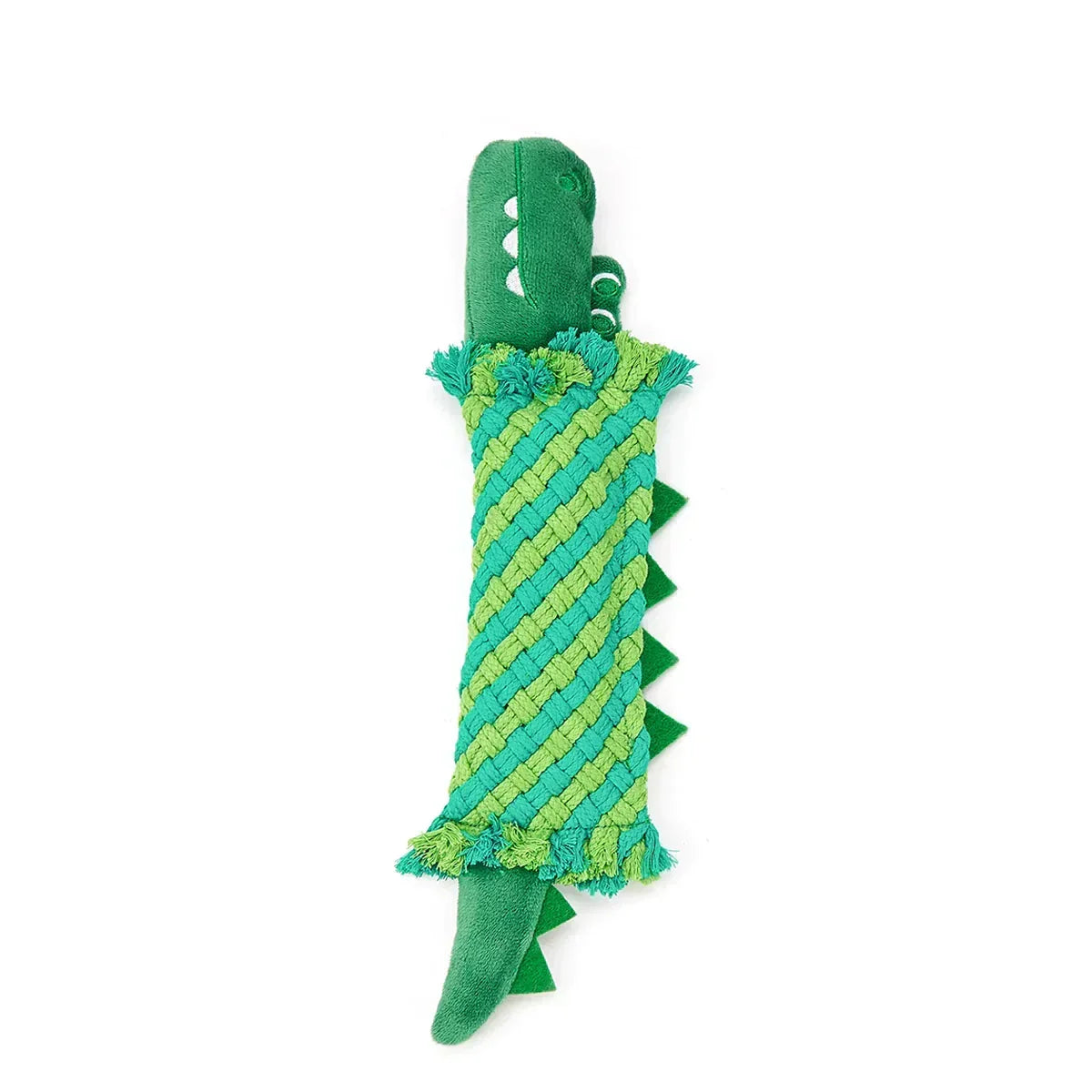 Green dinosaur-shaped pet chew toy with woven zigly texture and fabric spikes