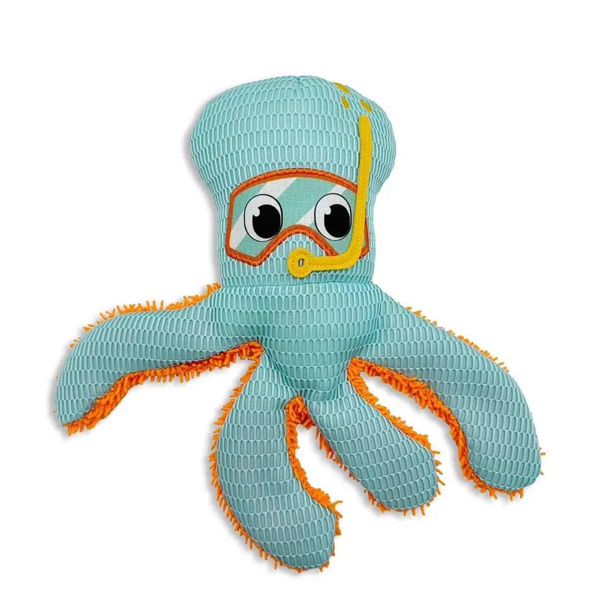 Zigly octopus dog toy with blue textured fabric and orange microfiber backing wearing a yellow snorkel