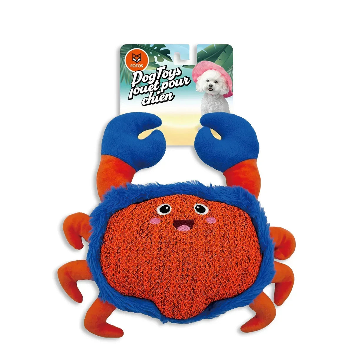 Zigly colorful plush crab dog toy with blue claws and orange body on packaging with small white dog image