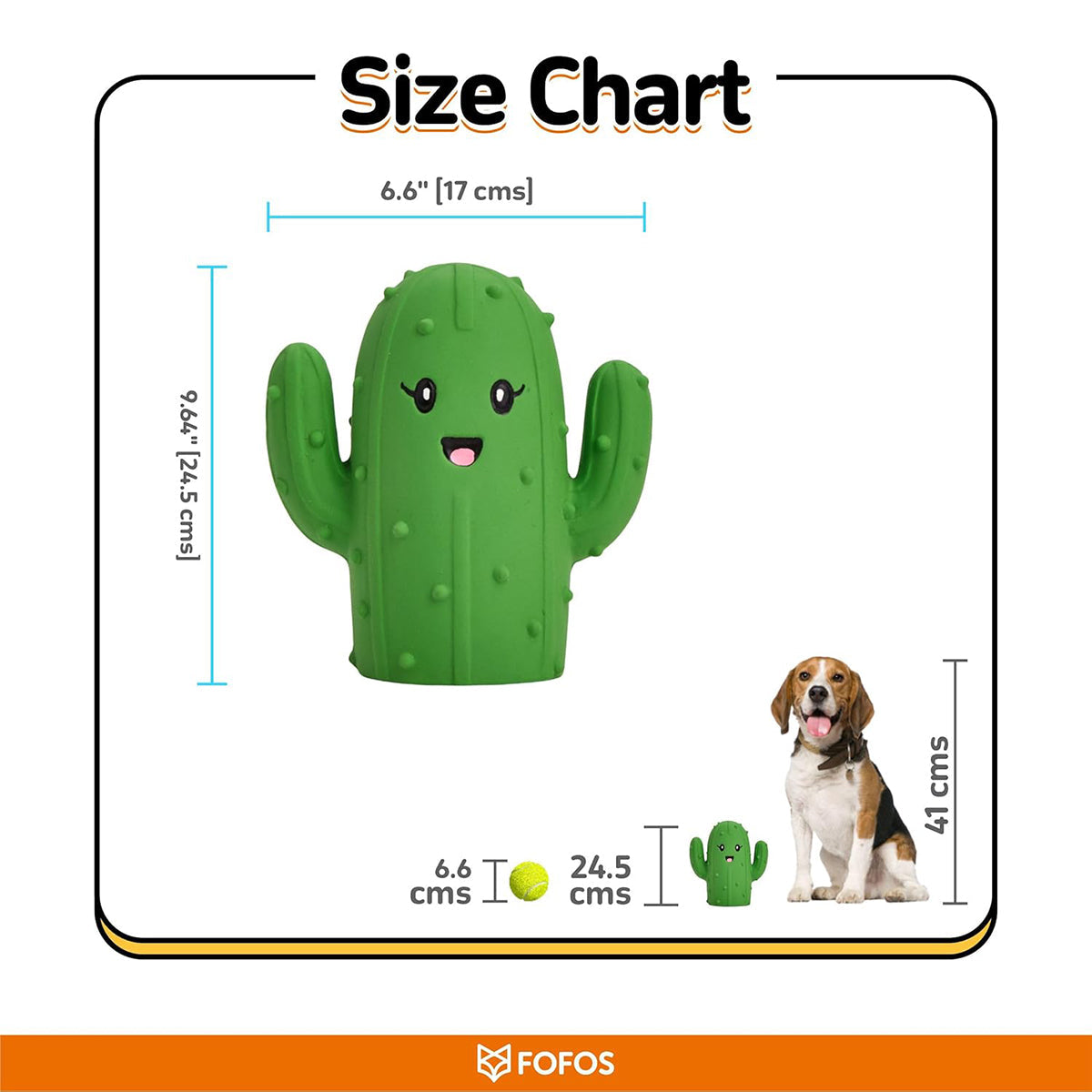 Zigly green cactus dog toy with happy face, 6.6x9.6 inch size chart with tennis ball and dog
