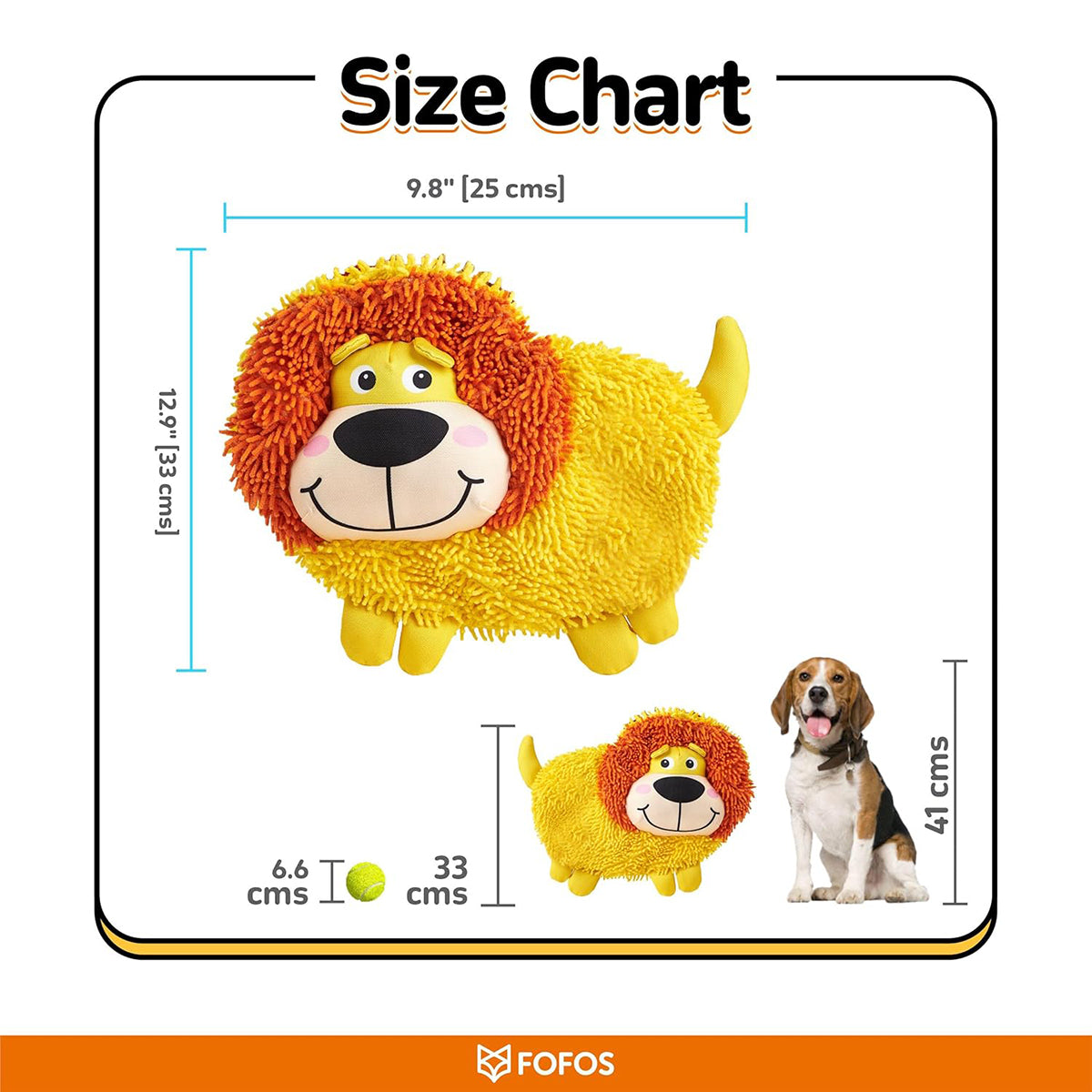 Zigly yellow lion dog toy with orange mane size chart showing 9.8x12.9 inches dimensions next to a beagle and tennis ball for scale
