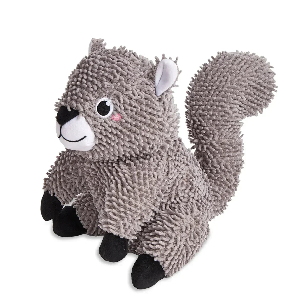 Zigly gray plush squirrel toy with textured fur and black paws on white background
