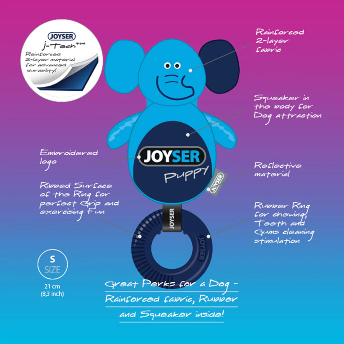 Joyser blue puppy dog toy with reinforced fabric, rubber ring, squeaker, and reflective material by Zigly