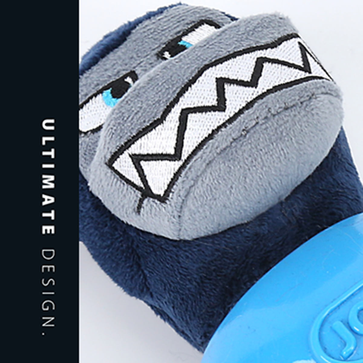Zigly soft blue toddler slipper with playful shark face and ultimate design label