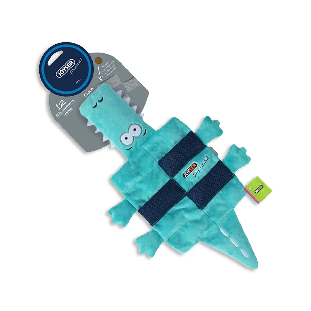 Joyser Puzzl green crocodile dog toy with 12 squeakers from zigly