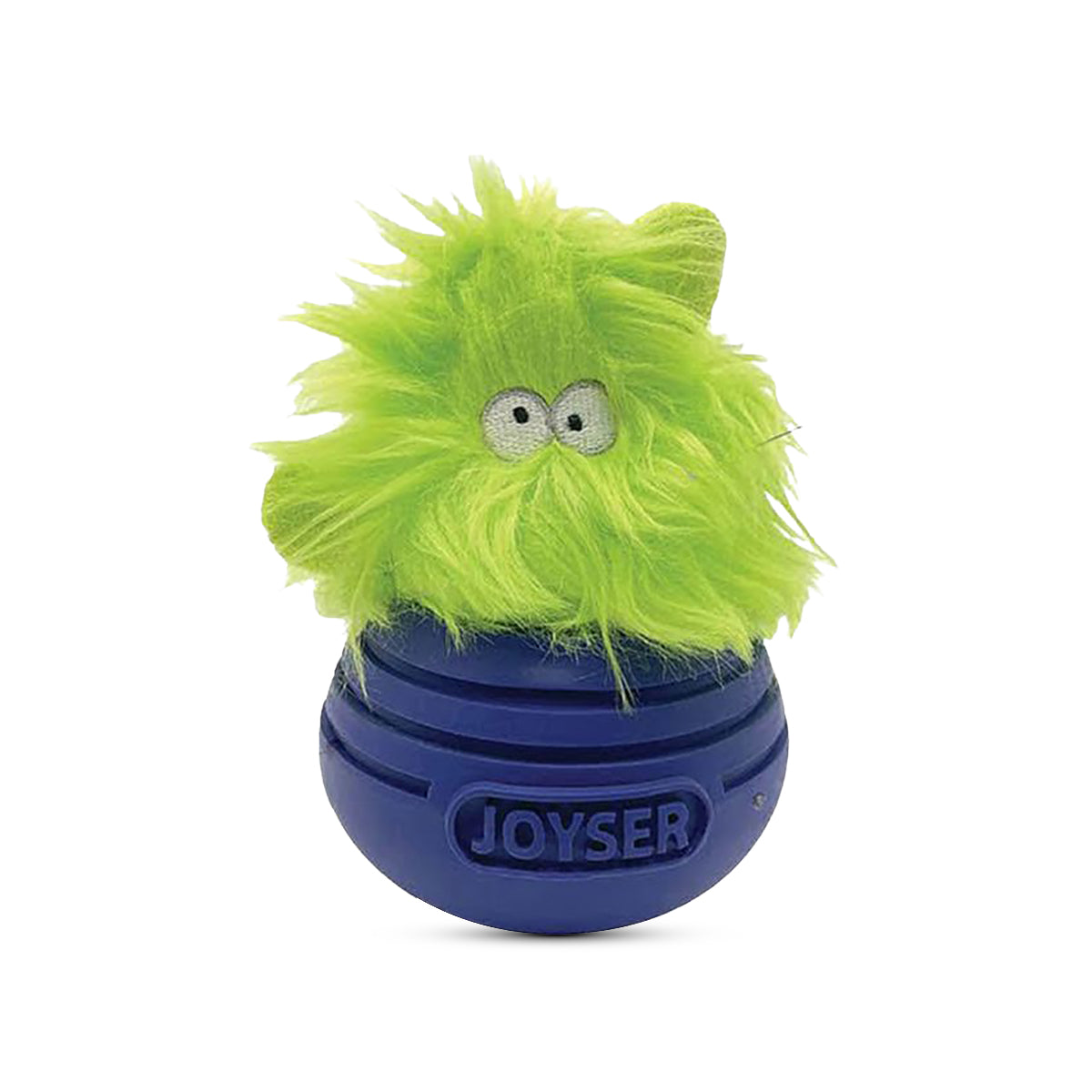 Zigly green furry pet toy with eyes on blue JOYSER ball
