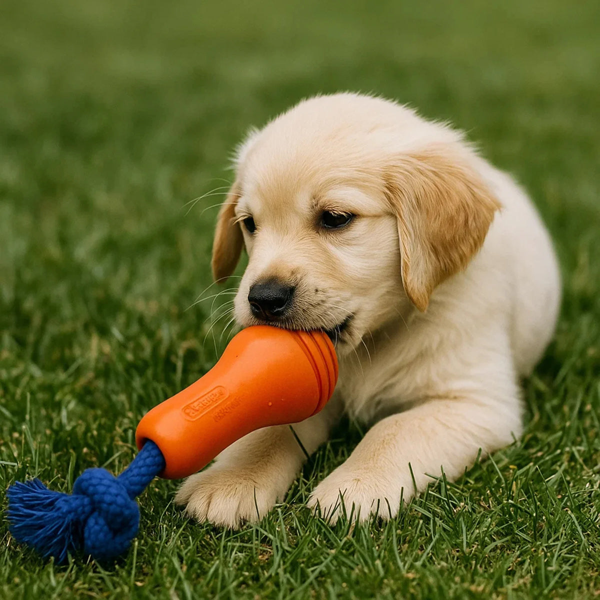 Golden retriever puppy chewing orange and blue rope toy on grass, playful pet zigly