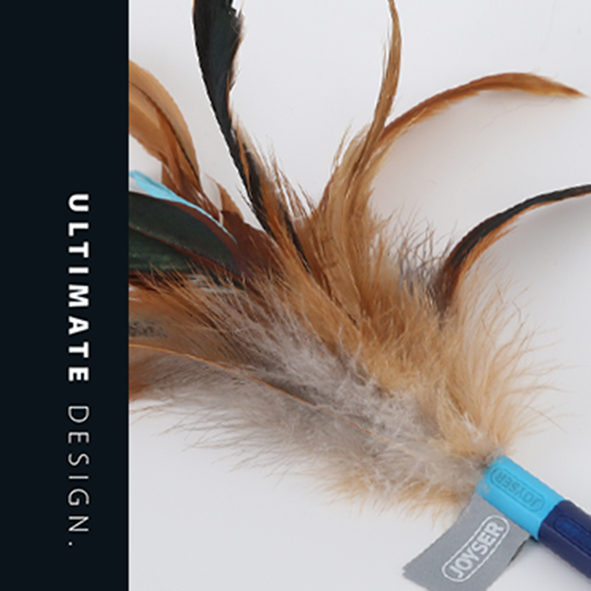 Zigly feather cat toy with brown, black, and blue feathers and joyser tag on white