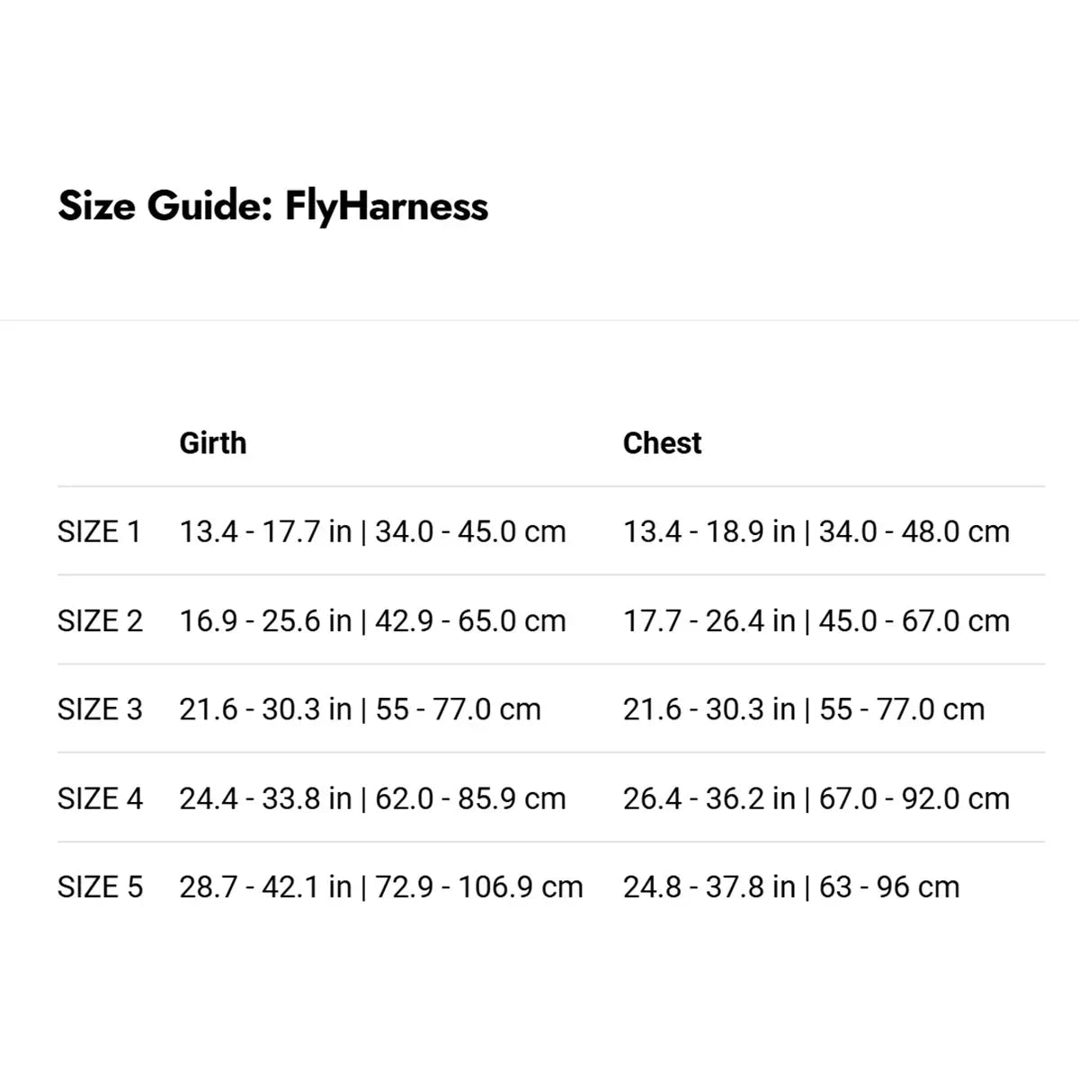 Zigly FlyHarness size guide chart showing girth and chest measurements in inches and cm for sizes 1 to 5