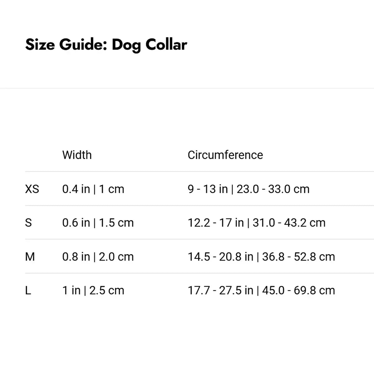 Zigly size guide chart for dog collars with XS to L widths and neck circumference measurements