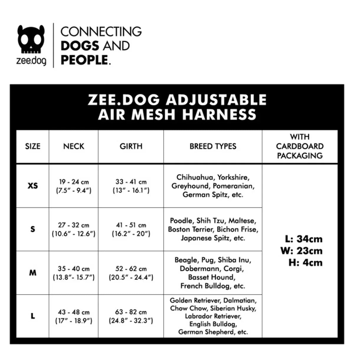 Zee.dog adjustable air mesh harness size chart for dog breeds with neck and girth measurements zigly