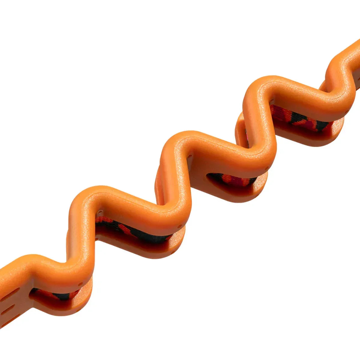 Orange zigly zigzag dog leash with black and red strap detail on white background
