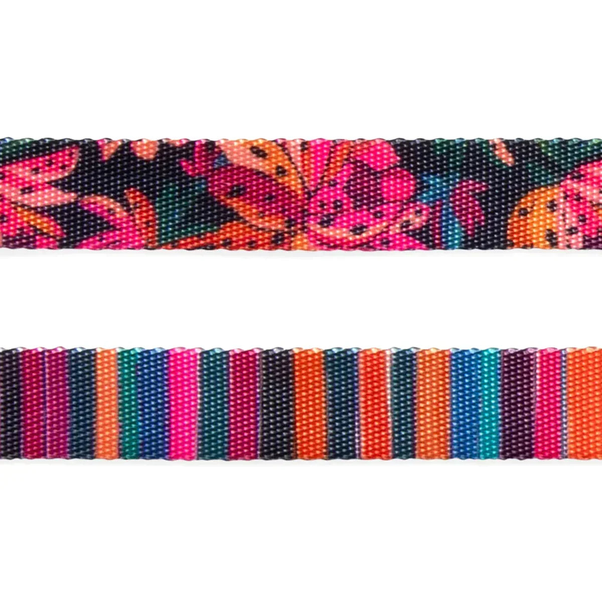 zigly floral and striped colorful woven fabric belts with vibrant pink, orange, green, and blue patterns