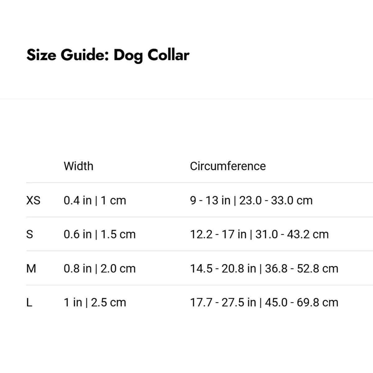 Zigly dog collar size guide showing XS to L widths and circumference in inches and cm