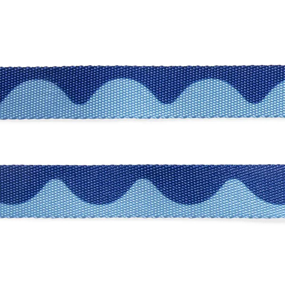 Close-up of blue zigly patterned fabric strap with wave design on white background