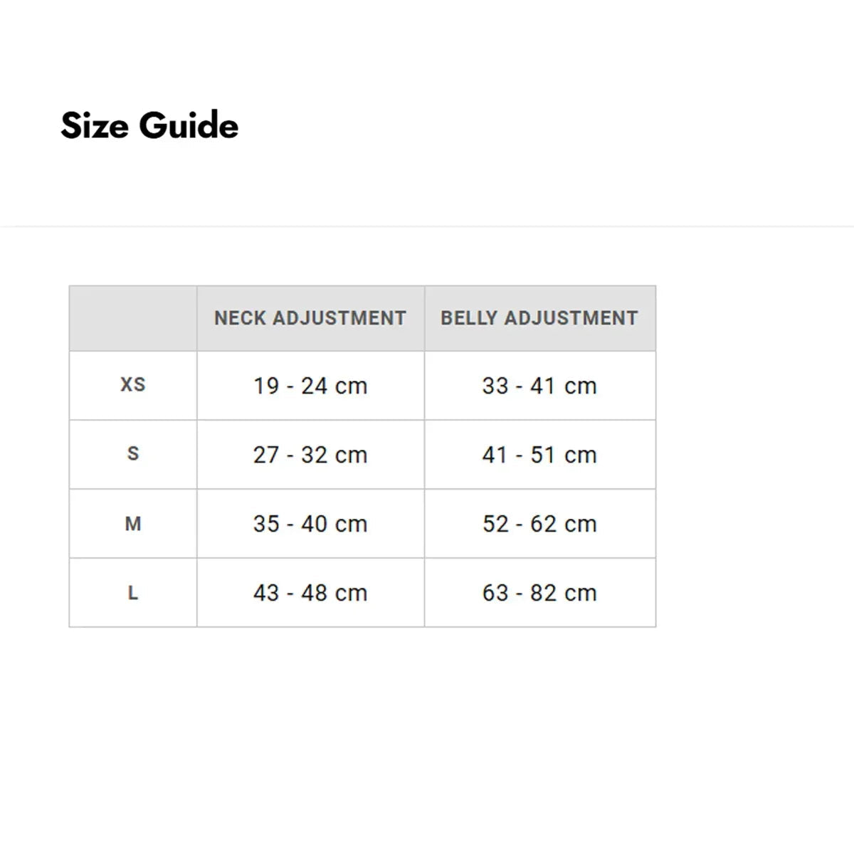 Size guide table for neck and belly adjustment measurements in cm for XS to L sizes with zigly