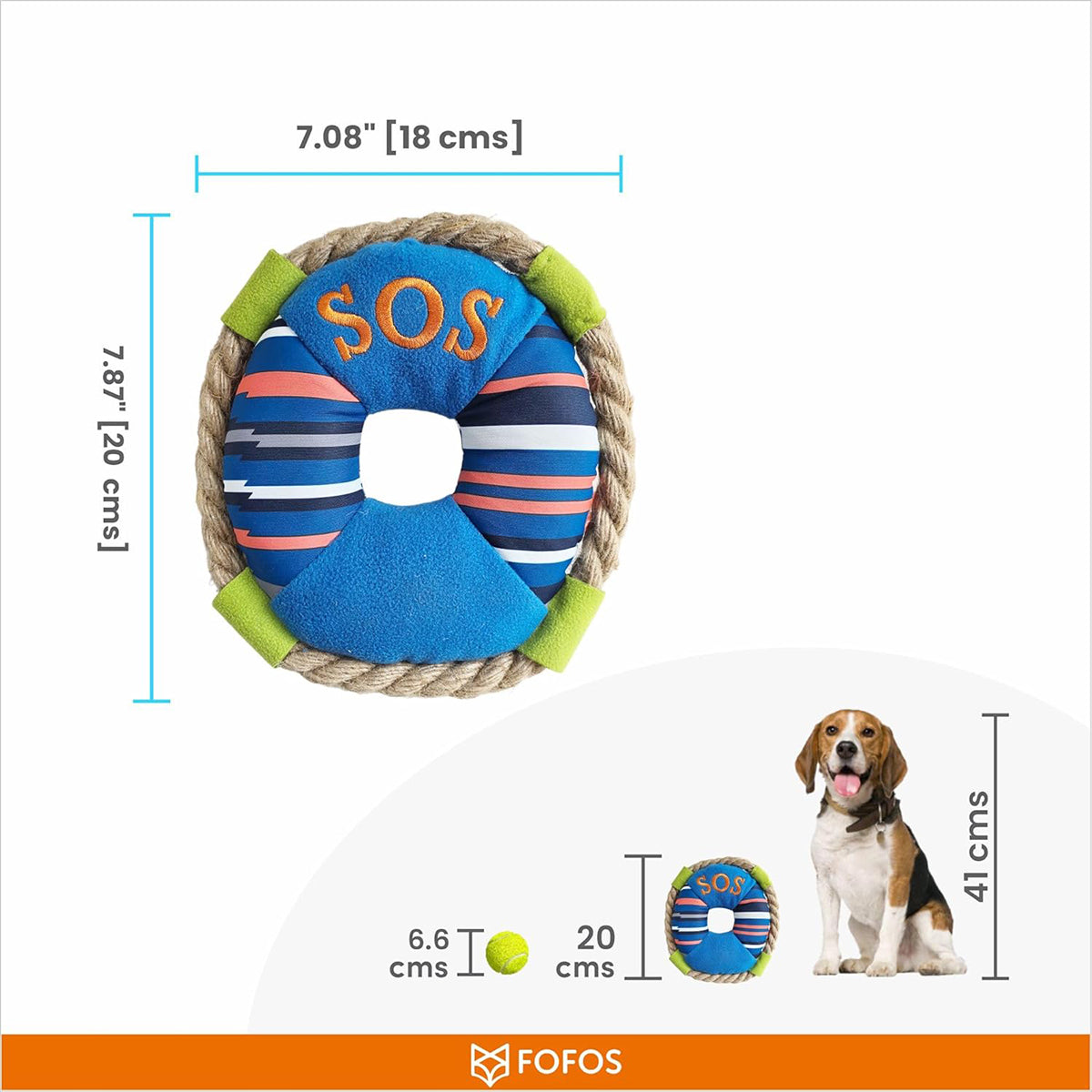 Zigly blue SOS dog toy with orange letters and rope trim, 20cm size, next to tennis ball and beagle, FOFOS