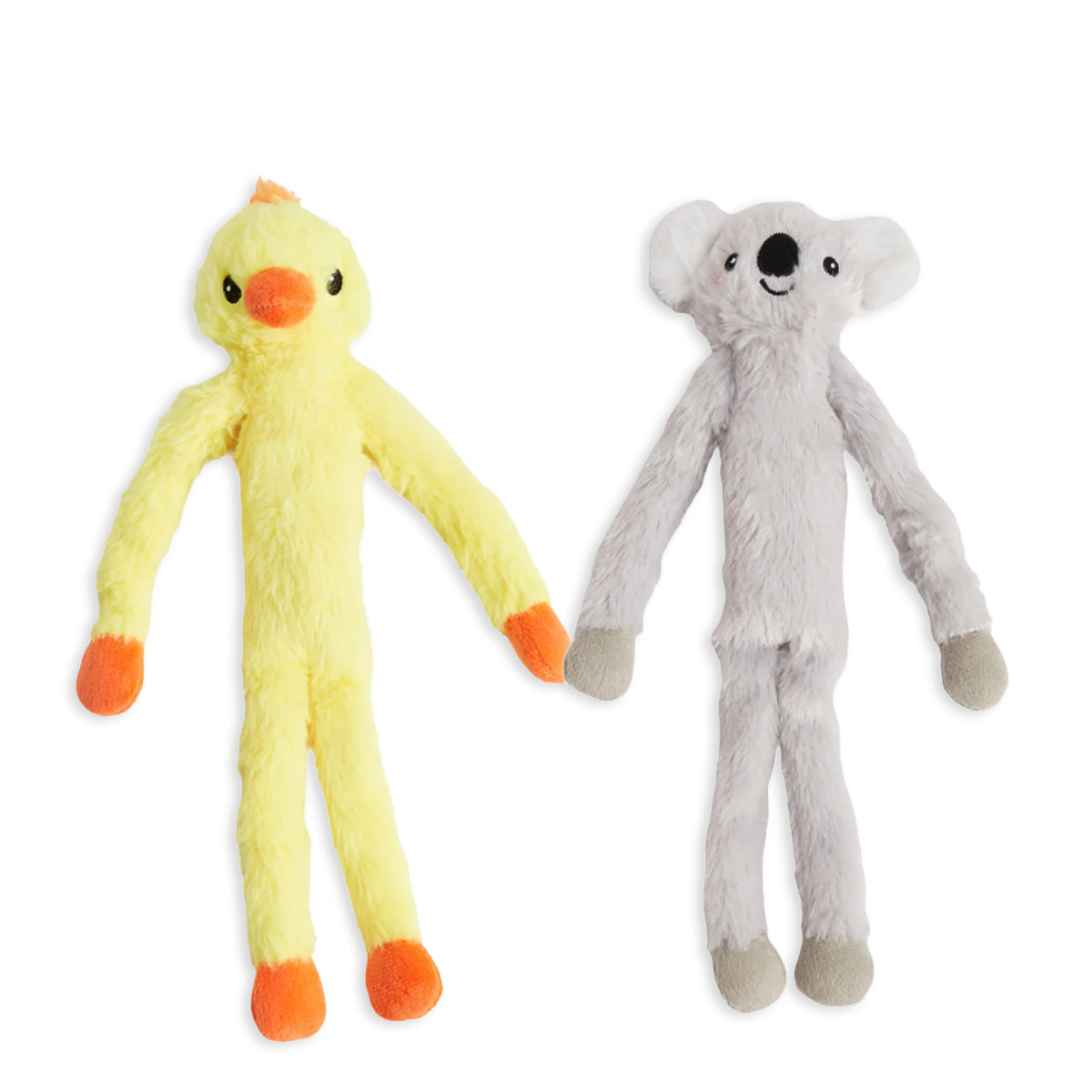 Zigly soft plush yellow duck and gray koala toys with long limbs on white background