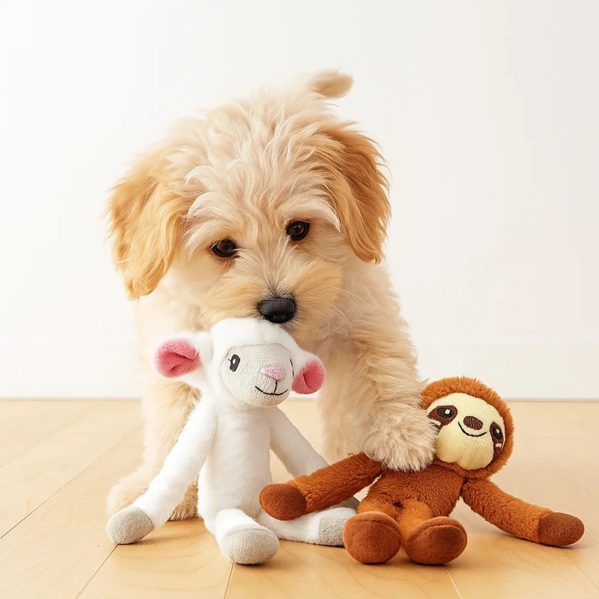 Curly beige puppy playing with white lamb and brown sloth plush toys on wooden floor zigly
