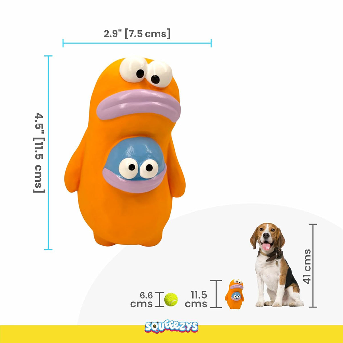 Zigly orange and blue squeezzy toy with big eyes, shown with size dimensions and dog for scale