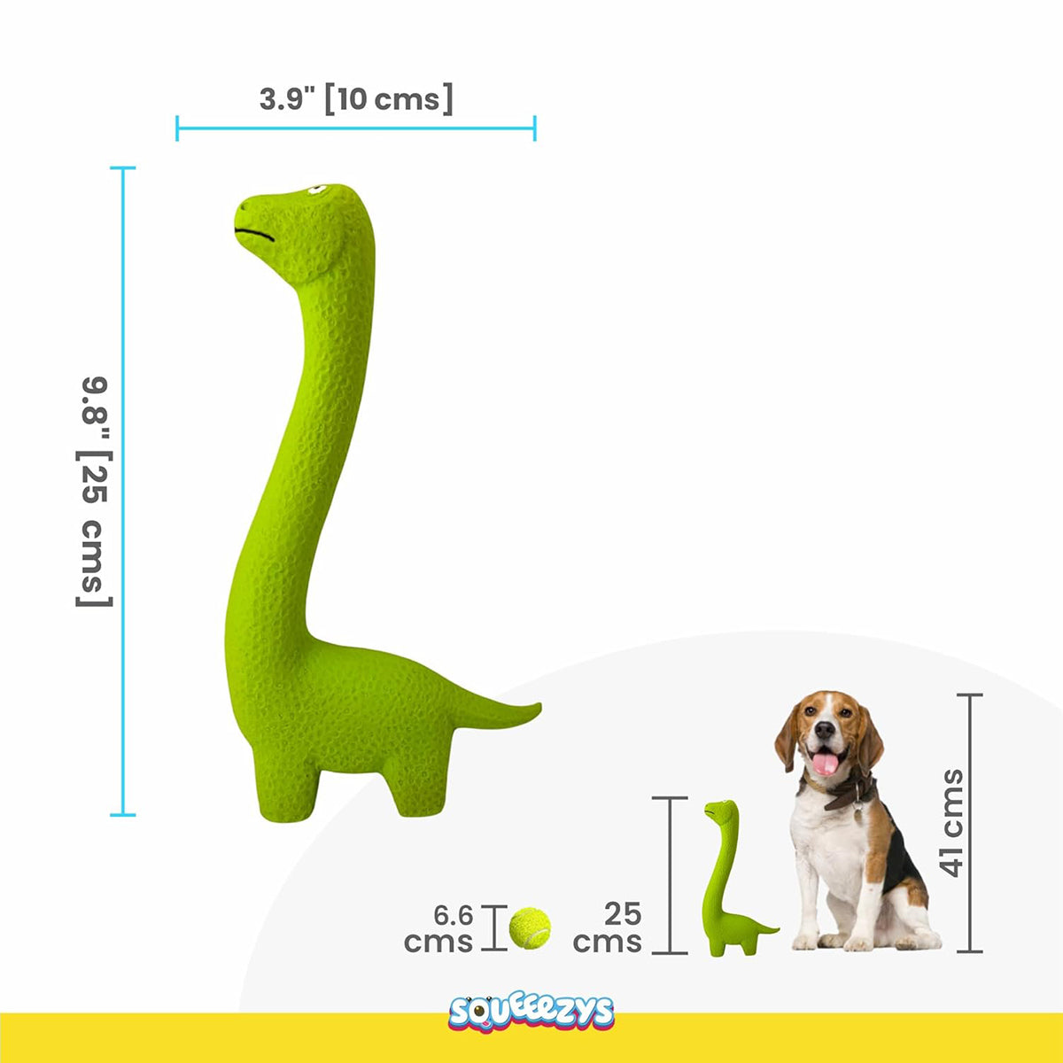 Zigly green dinosaur dog toy measuring 9.8in tall and 3.9in wide next to tennis ball and beagle dog