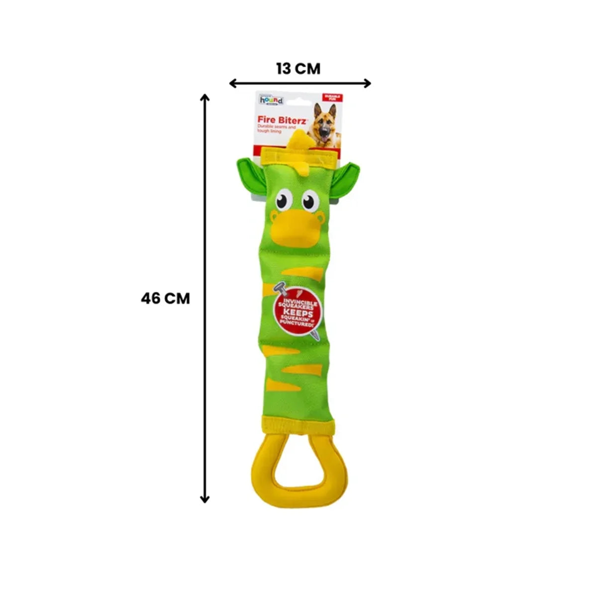 Outward Hound Fire Biterz green zebra dog toy with dimensions, available at zigly