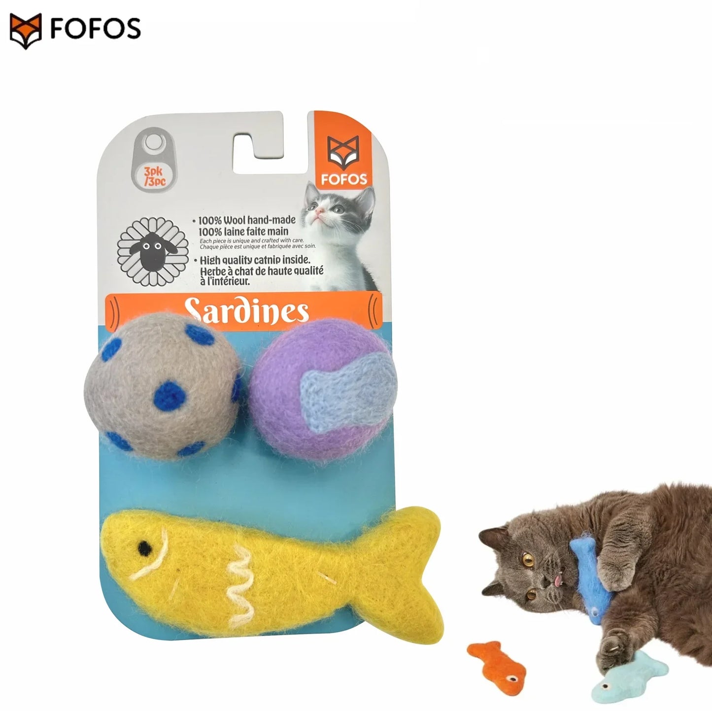 FOFOS Sardine Wool Cat Toy - 2 Balls & 1 Fish - 3 Pack