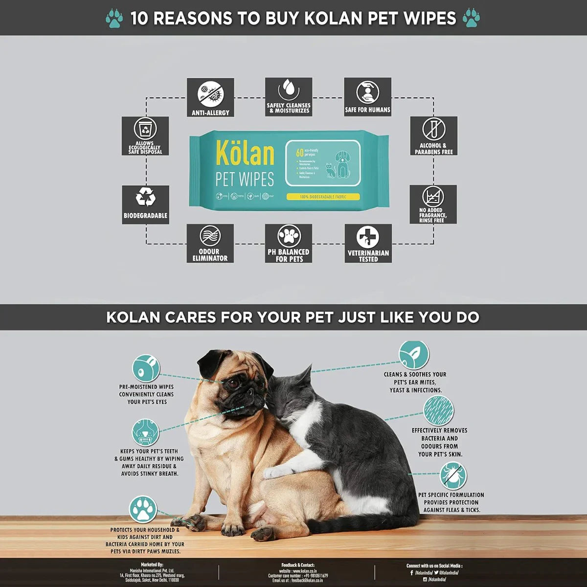 Kolan Pet Wipes - 60 Wipes - Zigly