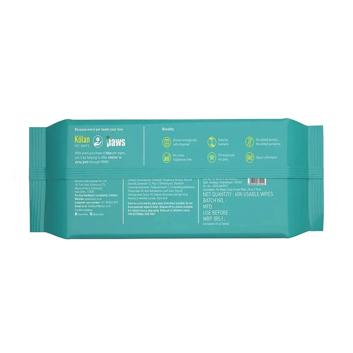 Kolan Pet Wipes - 60 Wipes - Zigly