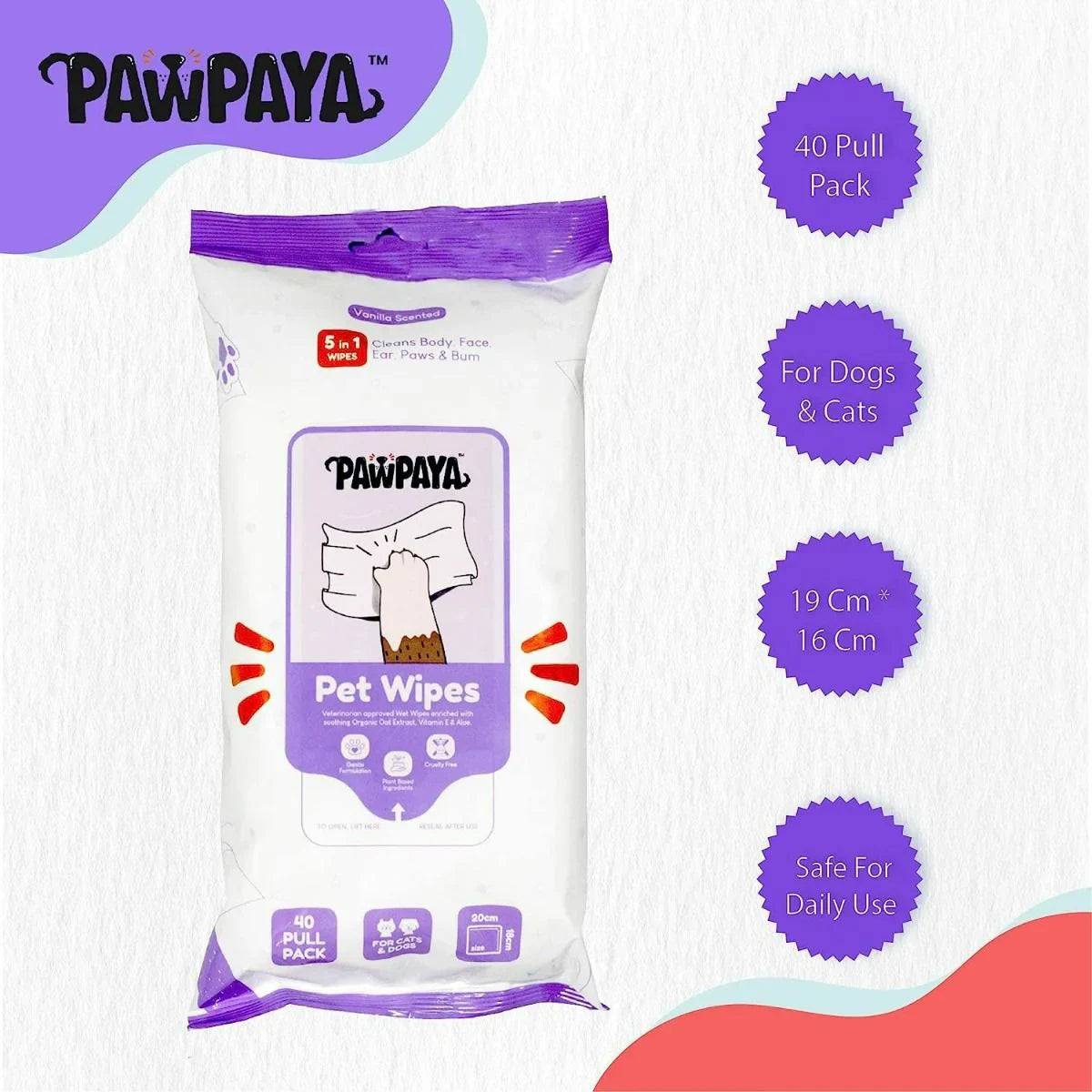 Pawpaya Pet Wipes - 20 x 18cm - Zigly