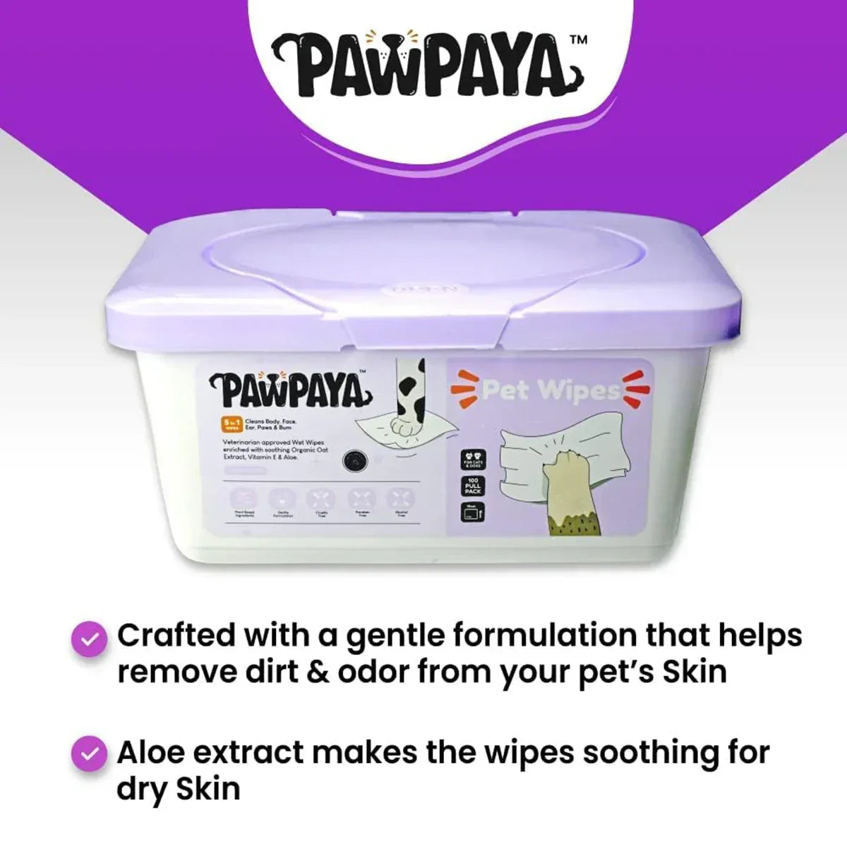 Pawpaya Pet Wipes 100 Pack Tub - 19 x 16cm - Zigly