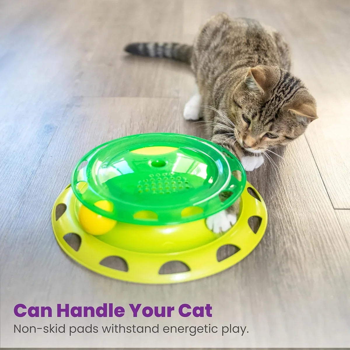 A brown tabby cat playing with a Petstages interactive toy on a wooden floor from zigly.