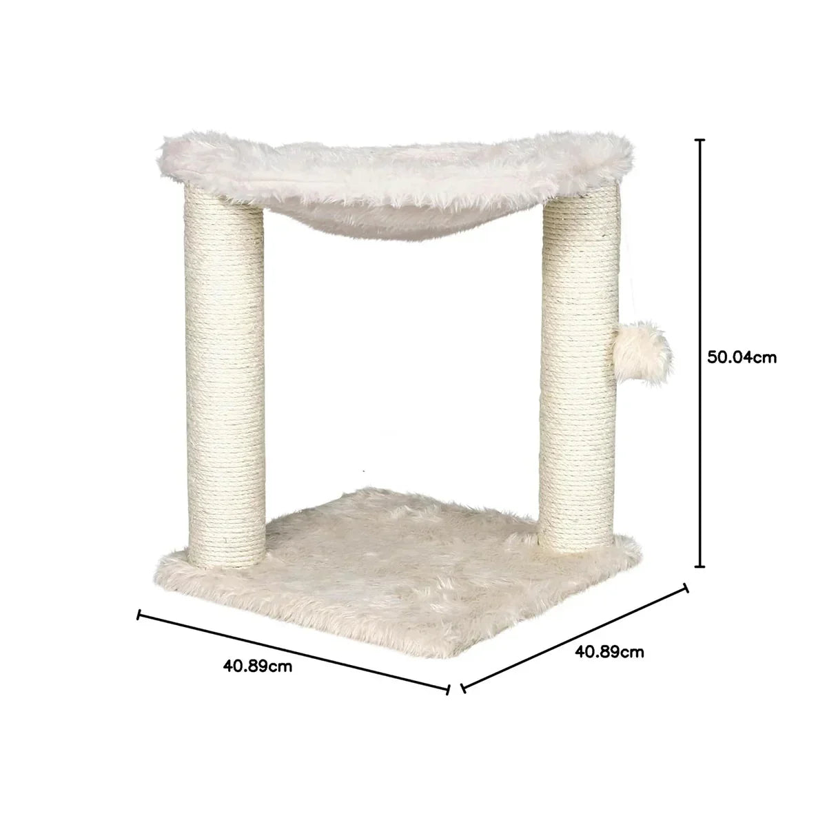 Zigly beige cat tree with plush hammock, scratch posts, and dangling toy, dimensions shown