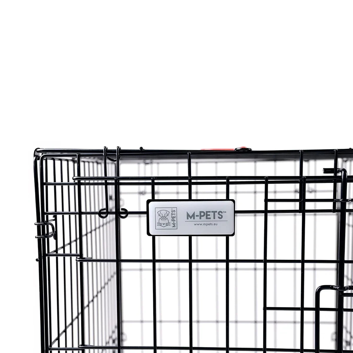 Close-up of the M-Pets Voyager Wire Crate with logo, available at zigly