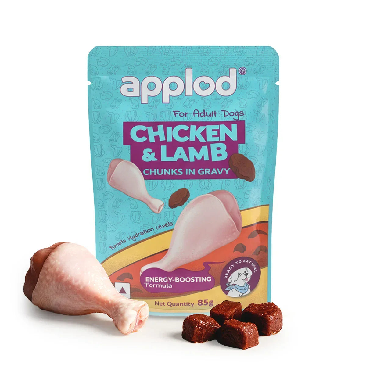 Applod chicken and lamb chunks in gravy dog food pouch with chicken drumstick and lamb chunks, zigly