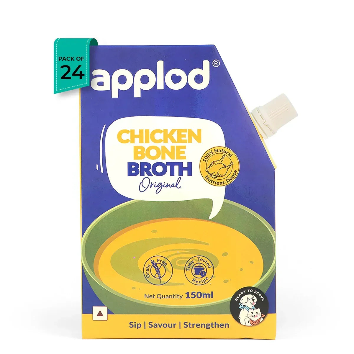 Zigly Applod chicken bone broth carton pack of 24 with 150ml net quantity, grain-free, nutrient-dense