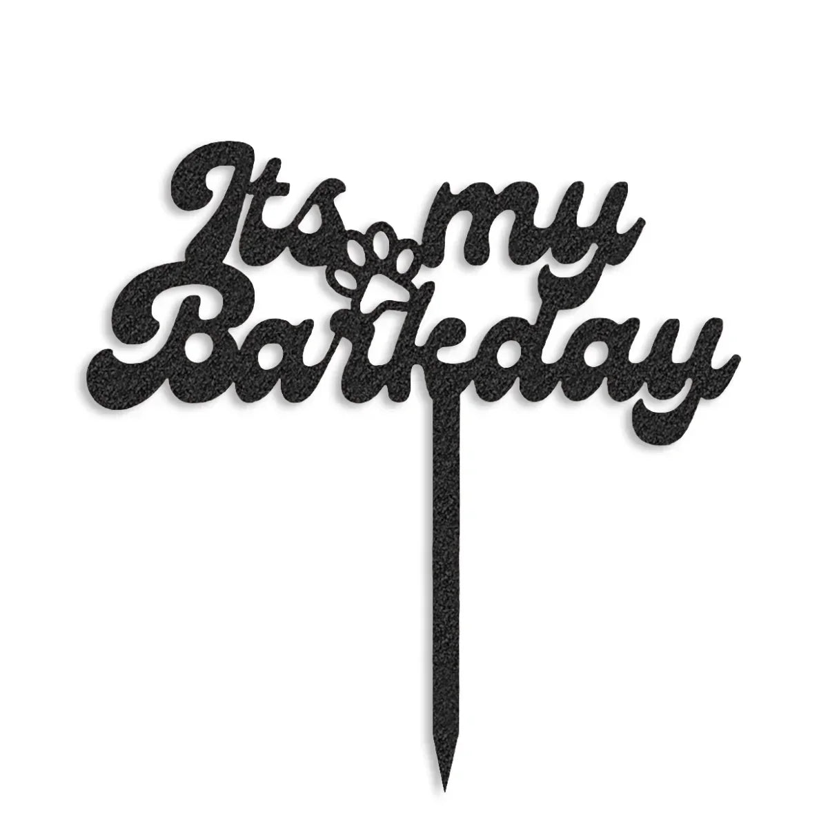 Black glitter cake topper reading 'It's my Barkfday' with paw print detail, zigly style