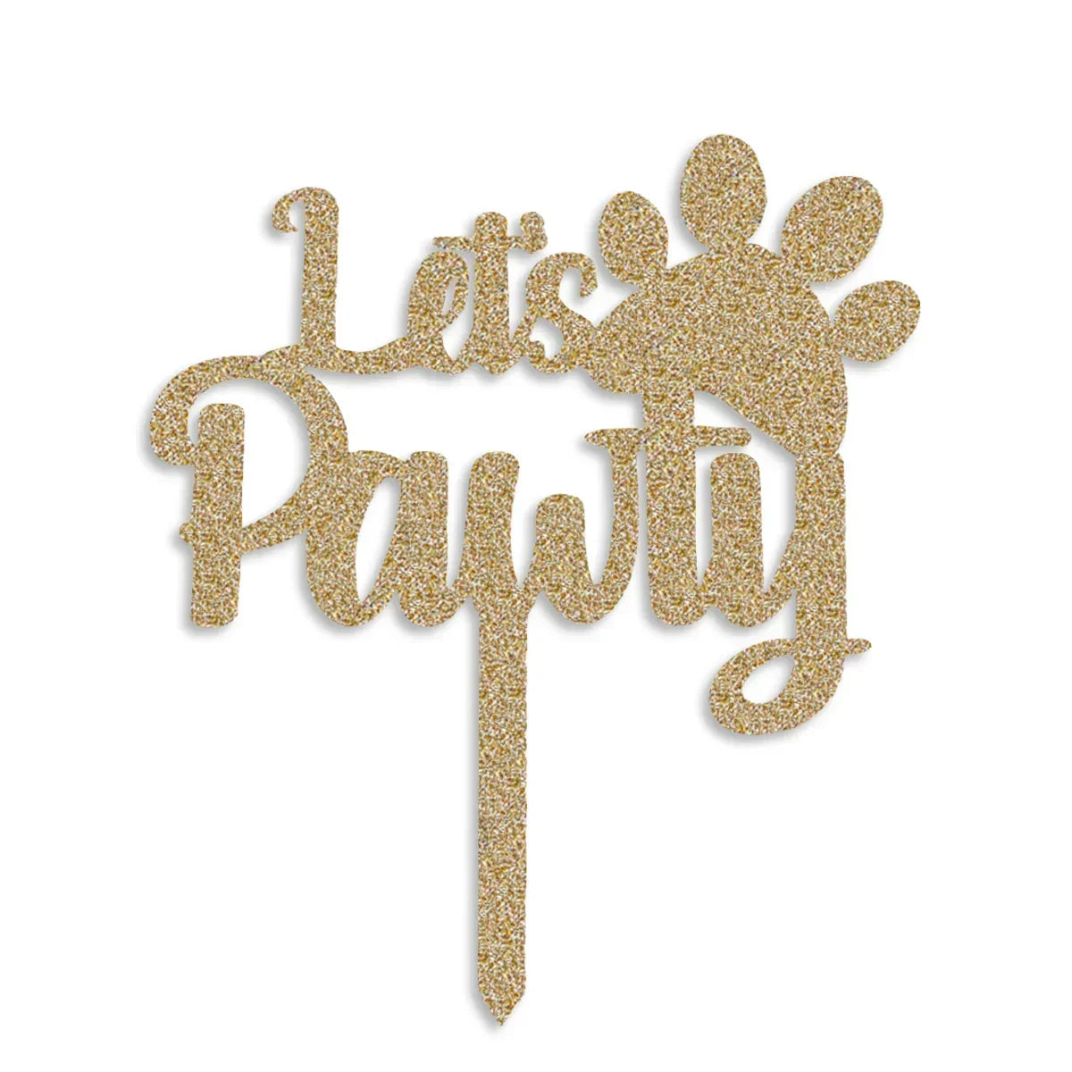 Zigly gold glitter cake topper with text Let's Pawty and a paw print design