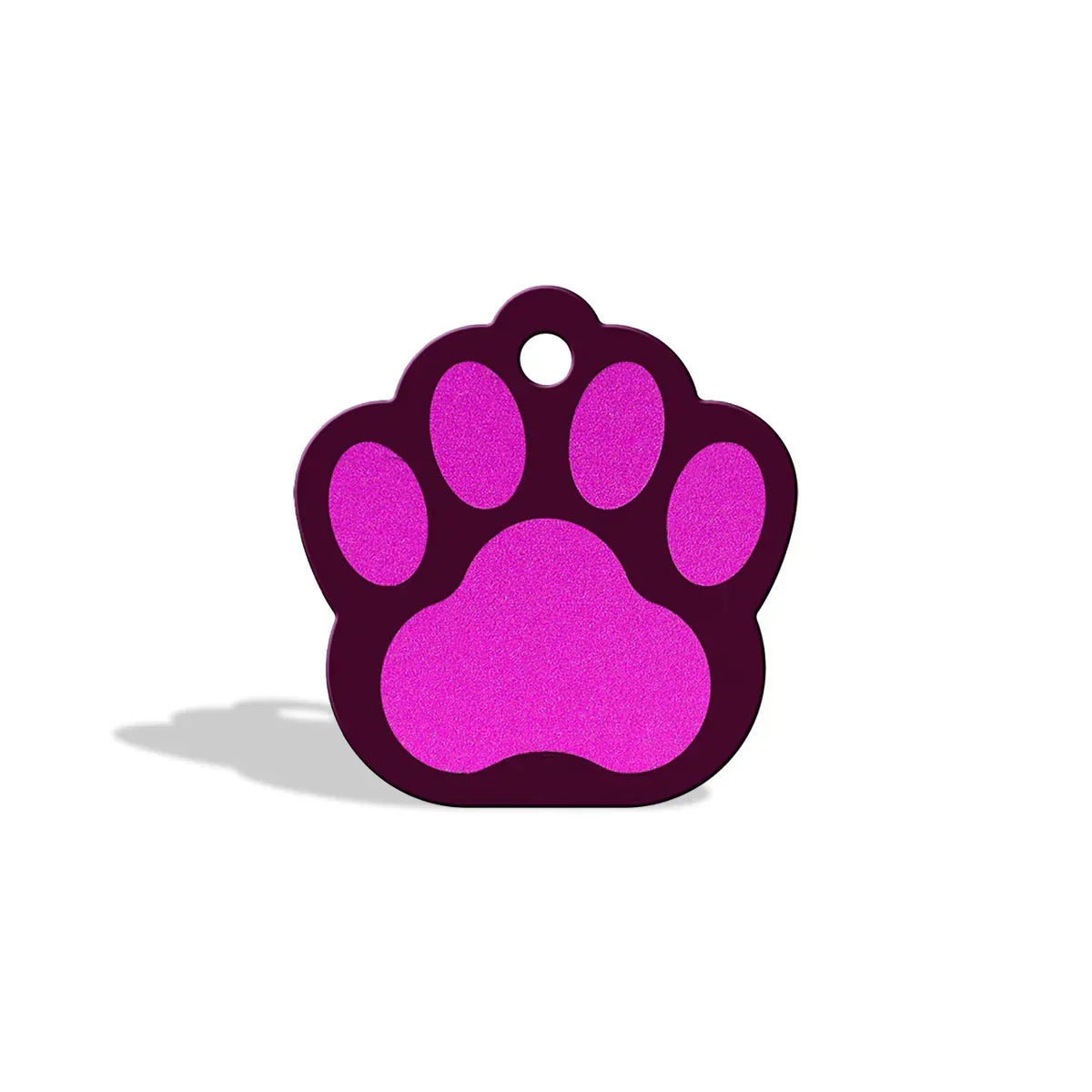 Zigly purple and pink paw-shaped pet ID tag with hole for attachment